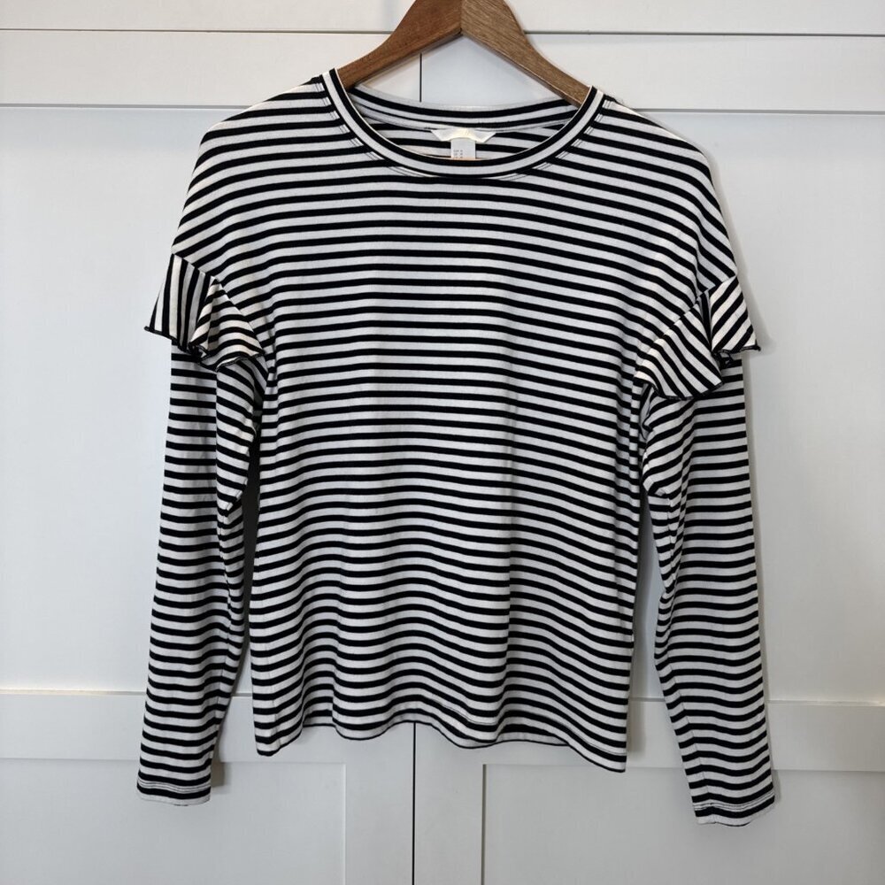 H&M Black & White Striped Ruffle Long Sleeve Top Size Medium